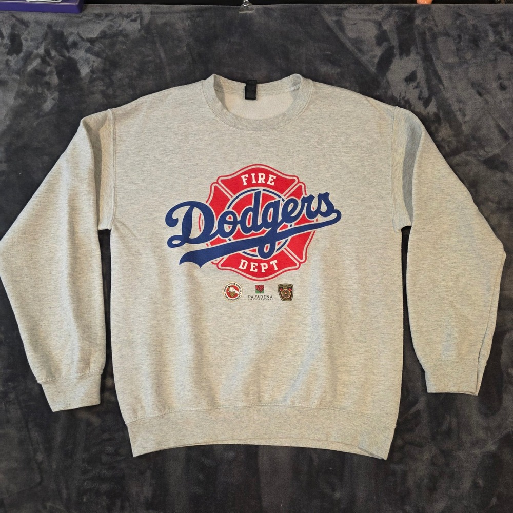 LA Dodgers Fire Dept Sweatshirt Mens Medium Gray Pasadena Fire Dept Crew